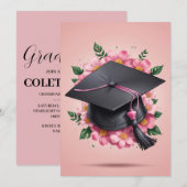 花ピンクモダンの卒業式 招待状 (正面/裏面)