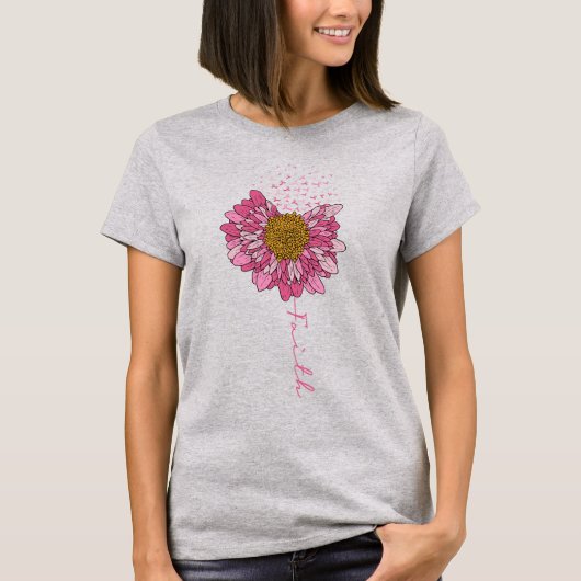 花ピンクリボン乳がん認識度女性 Tシャツ (正面)