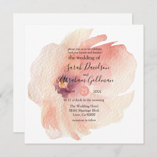 花ピンク水彩和風結婚式招待状 招待状 (正面/裏面)