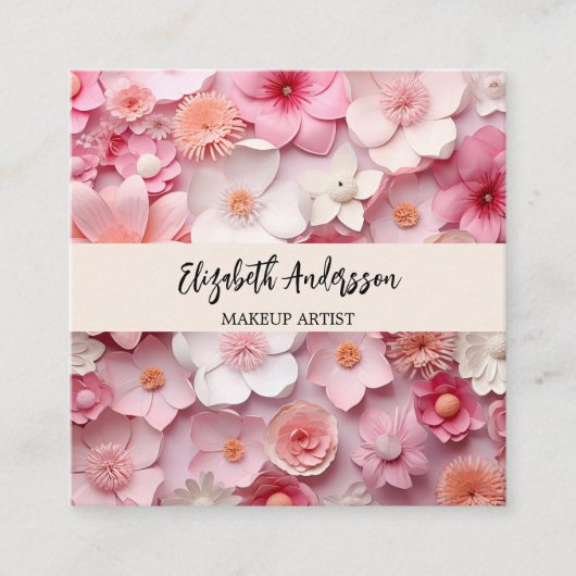 花ピンク白クリーム写真QRロゴ スクエア名刺 (正面)