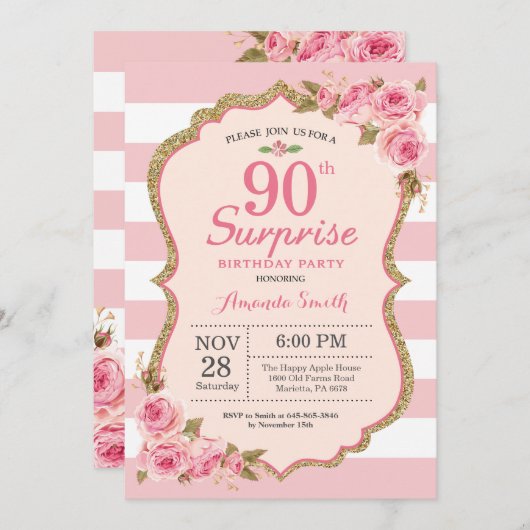 花ピンク芍薬サプライズ90歳誕生日パーティー 招待状 (正面/裏面)