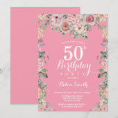 花ピンク芍薬 50歳の誕生日招待状 招待状 (正面/裏面)