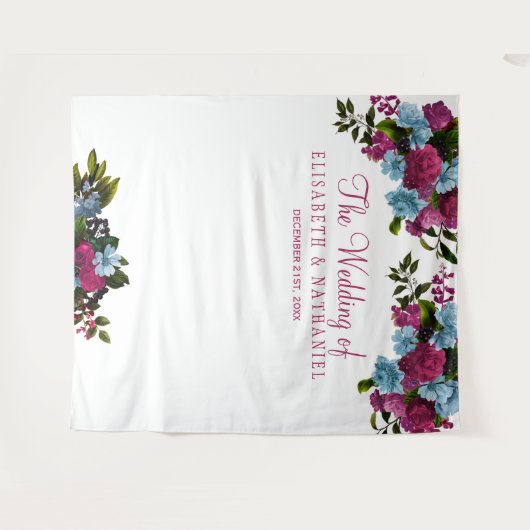 花ピンク青シャンパンウェディングフォトブースの背景 タペストリー (正面(横))