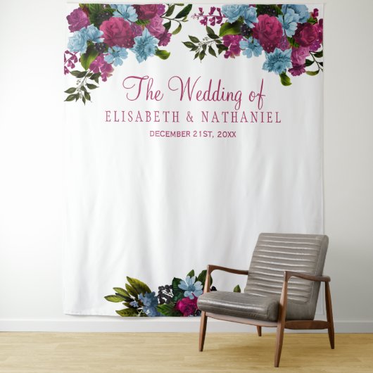 花ピンク青シャンパンウェディングフォトブースの背景 タペストリー (インサイチュ)