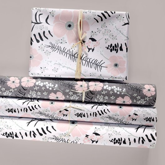 花ピンク黒い植物切り離しギフト ラッピングペーパーシート