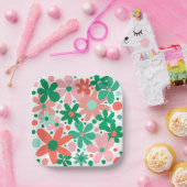 花ファンキーは緑、桃、珊瑚 ペーパープレート (パーティー)