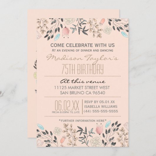 花ファンシーとダイヤモンド75誕生日 招待状 (正面/裏面)