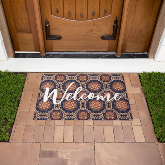 花ファンシーと星形のパターンへようこそ ドアマット (室外)