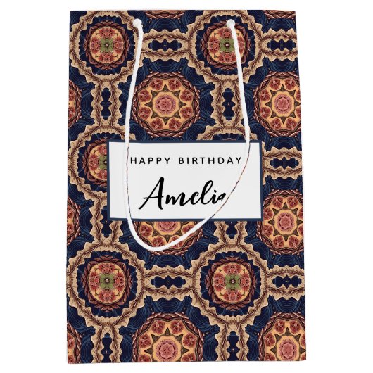 花ファンシーと星形のパターン誕生日 ミディアムペーパーバッグ (正面)