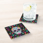 花ファンシー付き砂糖スカル ガラスコースター (アングル)