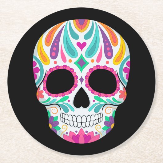 花ファンシー付き砂糖スカル ラウンドペーパーコースター (正面)