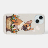 花フランスの冠のバスケットのかわいいブルドッグ iPhone 15ケース (裏面横)