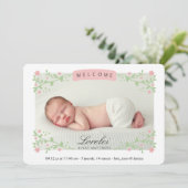 花フレームの女の赤ちゃんの誕生の発表 案内状 (スタンド正面)
