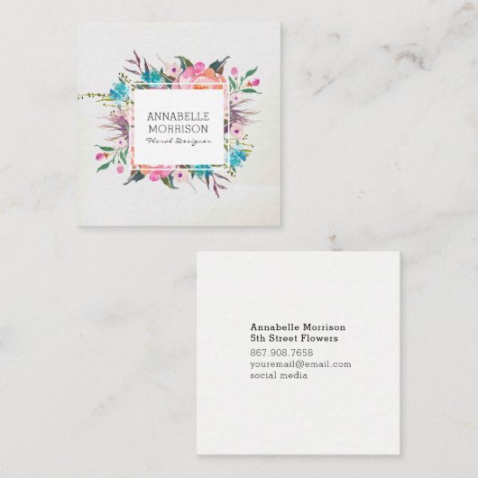 花フレームの水彩画の名刺 スクエア名刺 (正面/裏面)