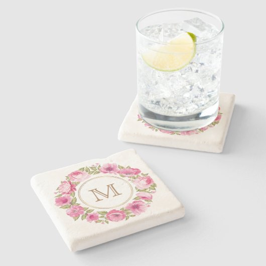 花フレームの石のコースターのあなたのモノグラム ストーンコースター (横)