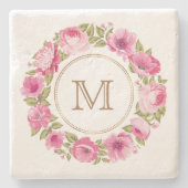 花フレームの石のコースターのあなたのモノグラム ストーンコースター (正面)