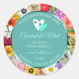 花フレームカラフルティール（緑がかった色）製品ラベルハート ラウンドシール
