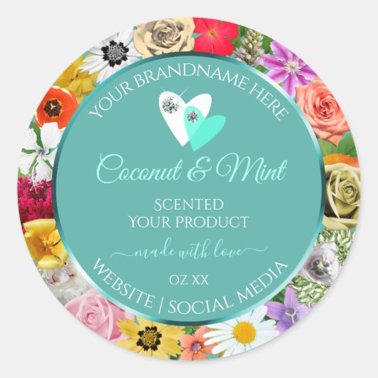 花フレームカラフルティール（緑がかった色）製品ラベルハート ラウンドシール (正面)