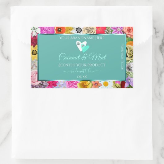 花フレームカラフルティール(緑がかった色)製品ラベルハート 長方形シール (バッグ)