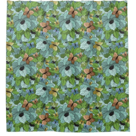 花フローラの葉蝶の色合い緑 シャワーカーテン (正面)