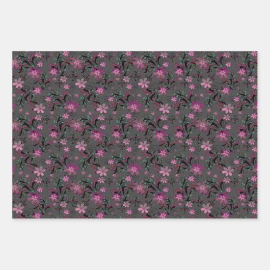 花フローラ灰色ピンク紫色の花フローラlev ラッピングペーパーシート (正面)