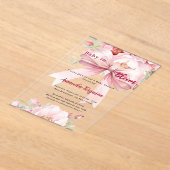 花ベビー開花ピンクボウ澄んベビーシャワー アクリル招待状 (レイダウン)