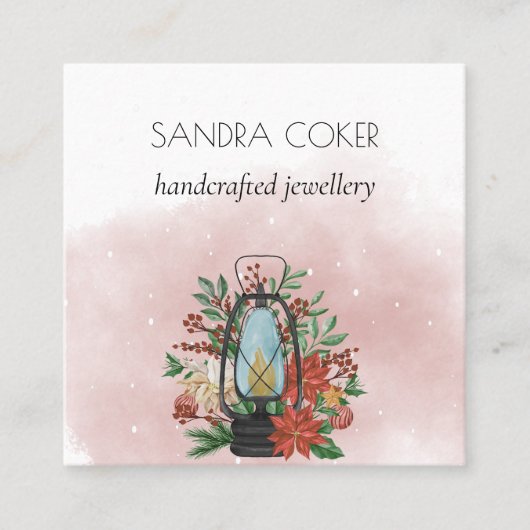 花ポインセチアのネックレス付きクリスマスランタン スクエア名刺 (正面)