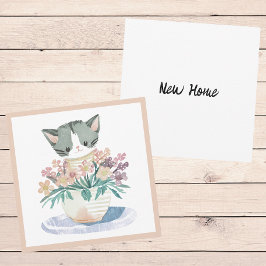 花ポットの子猫が新居を迎える カード