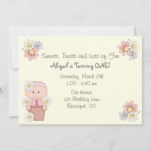 花ポットベビー1st誕生日招待状for Girls 招待状 (正面)