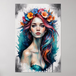 花ポップ・アートの付きアカラフルートマーメイドポートレート ポスター