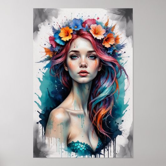 花ポップ・アートの付きアカラフルートマーメイドポートレート ポスター (正面)