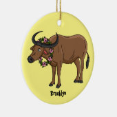 花マンガイラストレーション付き水牛 セラミックオーナメント (右)