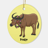 花マンガイラストレーション付き水牛 セラミックオーナメント (左)