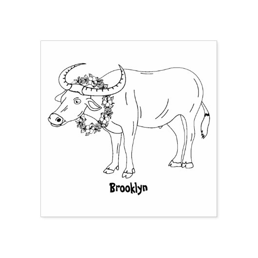 花マンガイラストレーション付き水牛 ラバースタンプ (インプリント)
