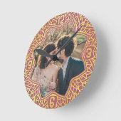 花マンダラフローラ形フォトバラピンク金ゴールド ラウンド壁時計 (傾斜)