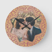 花マンダラフローラ形フォトバラピンク金ゴールド ラウンド壁時計 (正面)