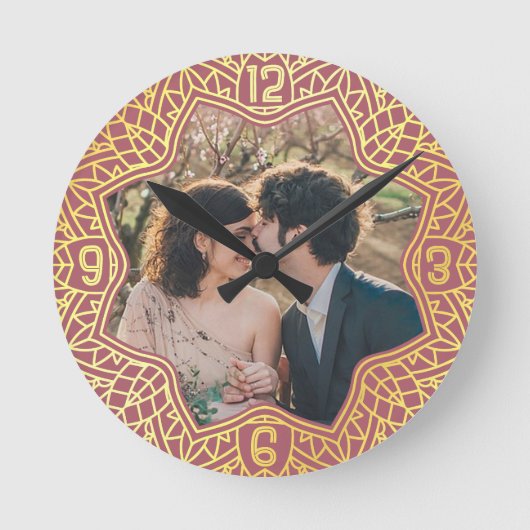 花マンダラフローラ形フォトバラピンク金ゴールド ラウンド壁時計 (正面)