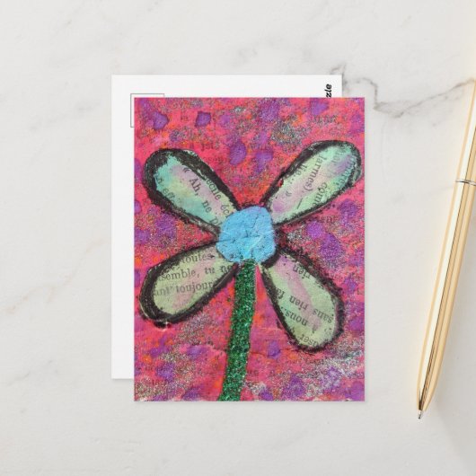 花ミックスメディアコラージュ ポストカード (正面/裏面インサイチュ)