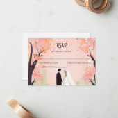 花ミニマル付きカップル漫画RSVP ノートカード (正面/裏面インサイチュ)