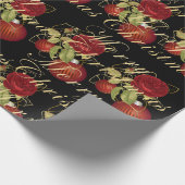 花メリーエレガントクリスマス金ゴールドグリッターブラック ラッピングペーパー (角)
