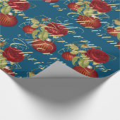 花メリーエレガントクリスマス金ゴールドグリッターブルー ラッピングペーパー (角)