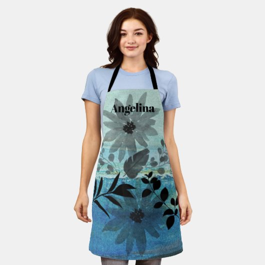 花モダンが夢のような青い背景 エプロン (着用した状態)