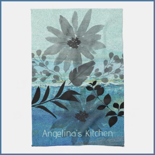 花モダンが夢のような青い背景 キッチンタオル