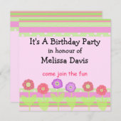 花モダンとストライプ誕生日招待状 招待状 (正面/裏面)