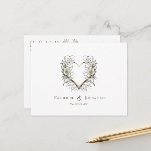 花モダンにハート-RSVP-結婚s – の ポストカード (正面/裏面インサイチュ)