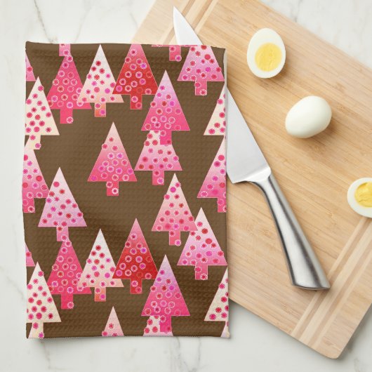 花モダンのクリスマスツリー – サンゴと茶色 キッチンタオル (四つ折り)