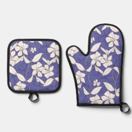 花モダンを手で引いた白い花 鍋つかみ&鍋敷きセット