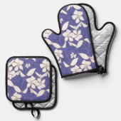 花モダンを手で引いた白い花 鍋つかみ&鍋敷きセット (正面/裏面)