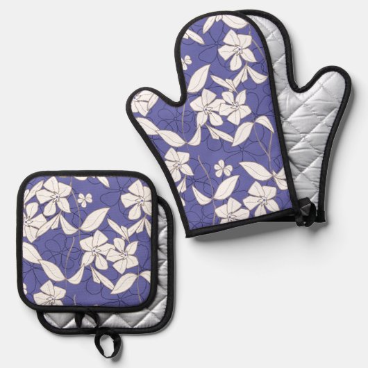 花モダンを手で引いた白い花 鍋つかみ&鍋敷きセット (正面/裏面)