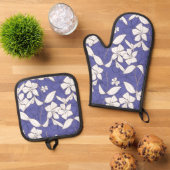 花モダンを手で引いた白い花 鍋つかみ&鍋敷きセット (トップダウン)